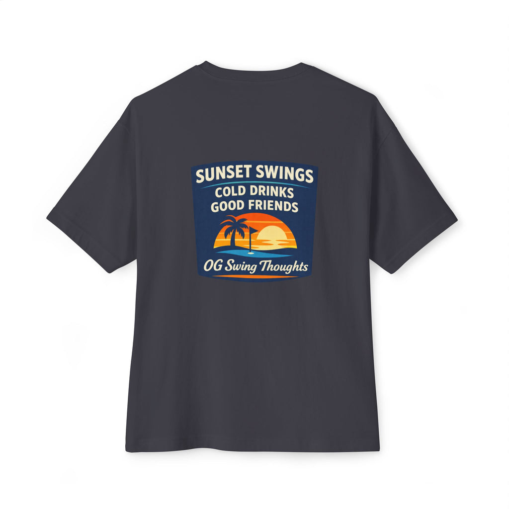Sunset Swings Tee — 'Sunset Swings: Cold Drinks, Good Friends' Casual Boxy T-Shirt