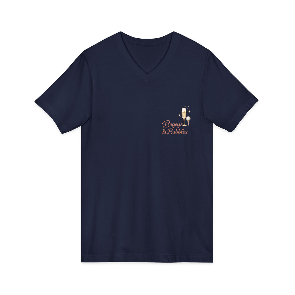 Bogeys & Bubbles V-Neck Tee — “Play Well, Sip Often”