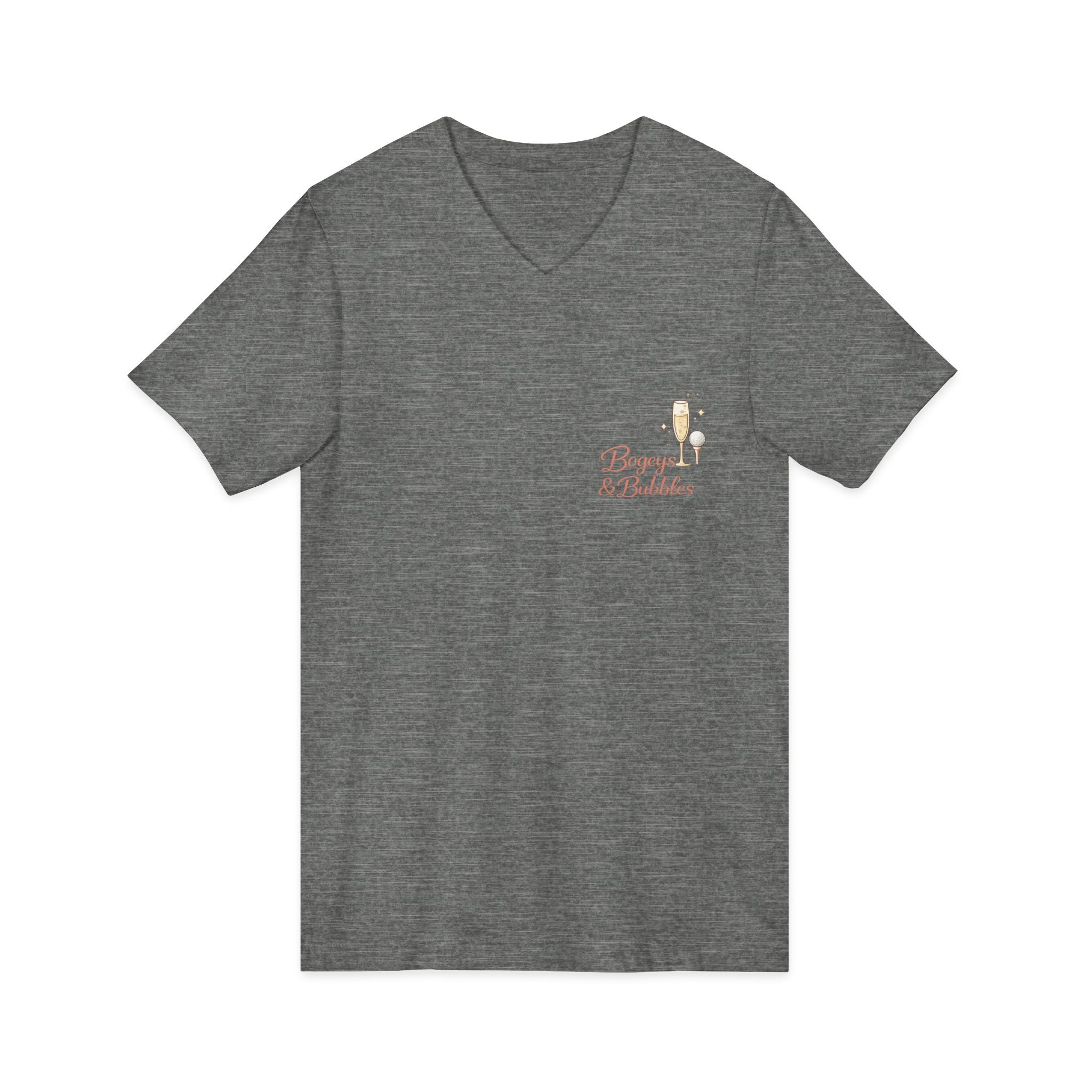 Bogeys & Bubbles V-Neck Tee — “Play Well, Sip Often”