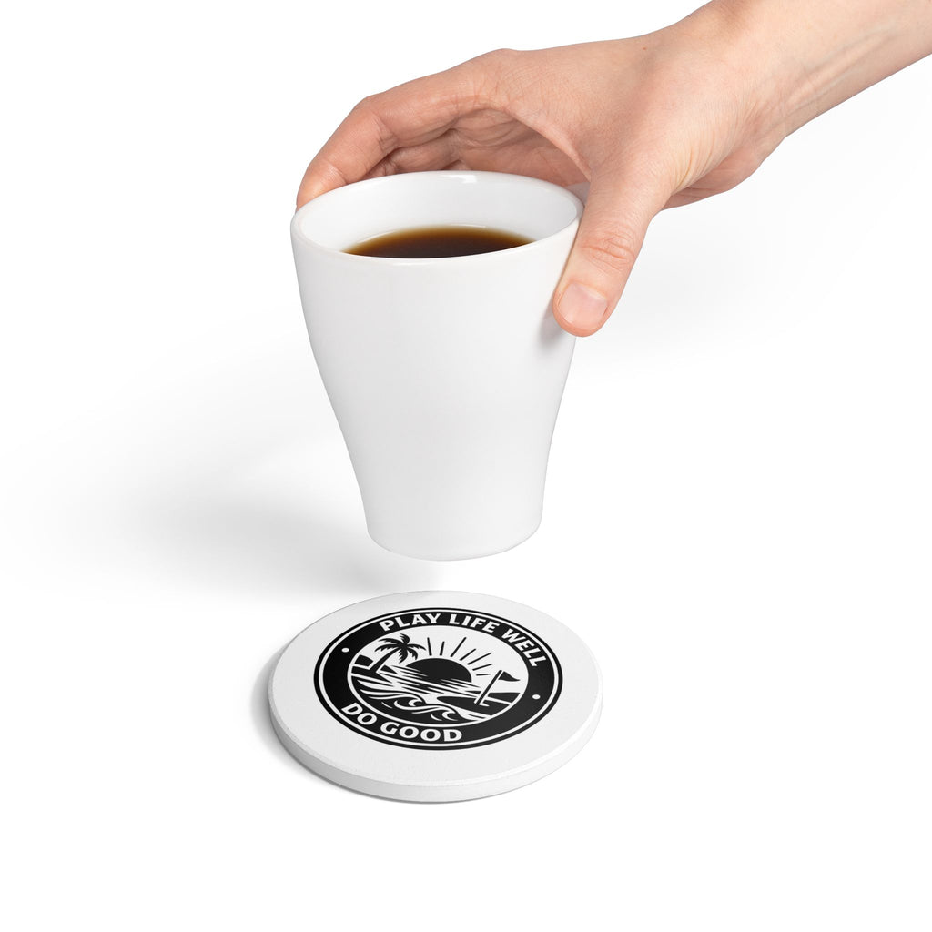Ceramic Coaster — "Play Life Well Do Good" Sunset Palm Drink Coaster