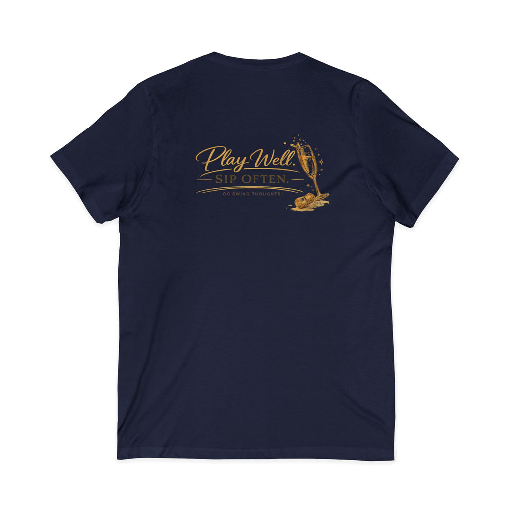 Bogeys & Bubbles V-Neck Tee — “Play Well, Sip Often”