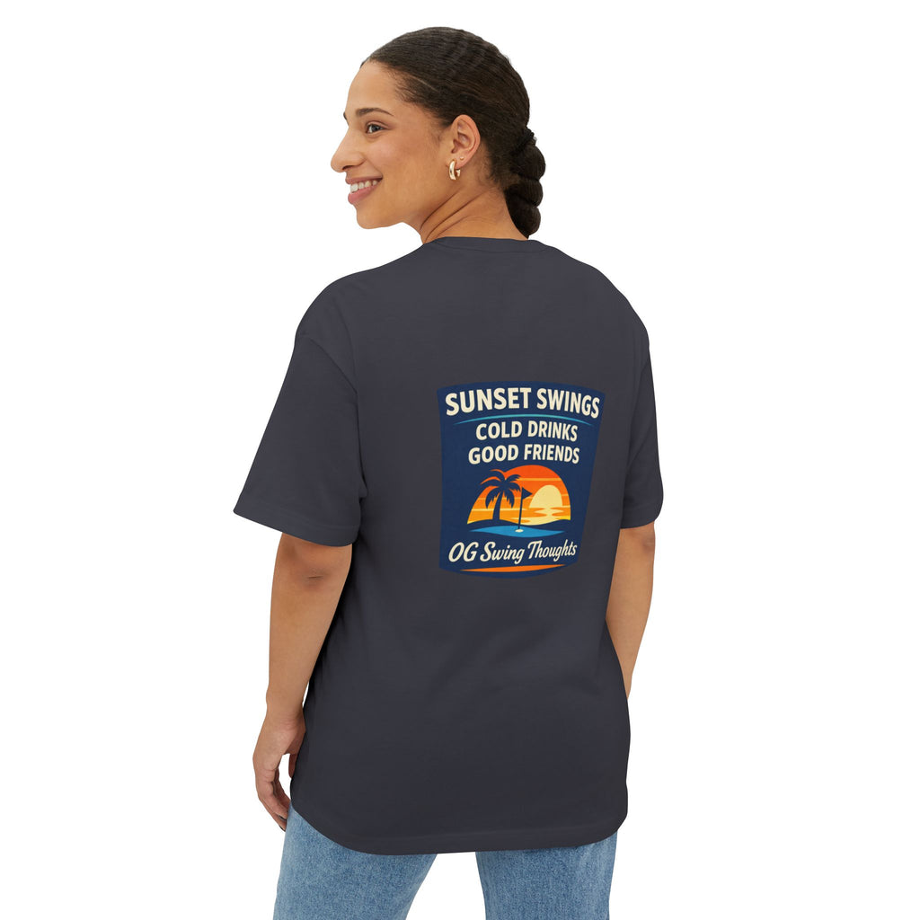 Sunset Swings Tee — 'Sunset Swings: Cold Drinks, Good Friends' Casual Boxy T-Shirt