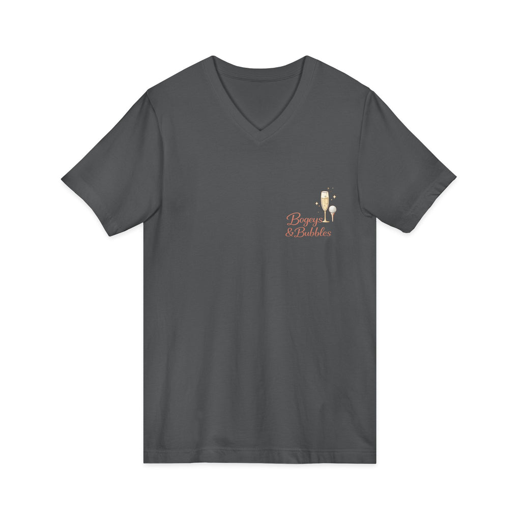 Bogeys & Bubbles V-Neck Tee — “Play Well, Sip Often”