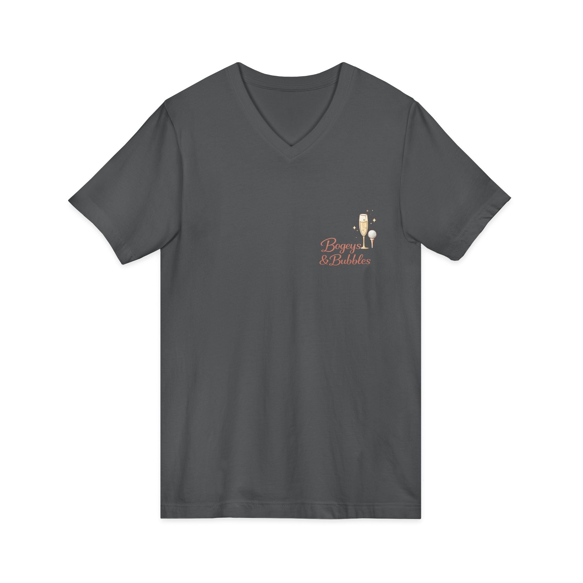 Bogeys & Bubbles V-Neck Tee — “Play Well, Sip Often”