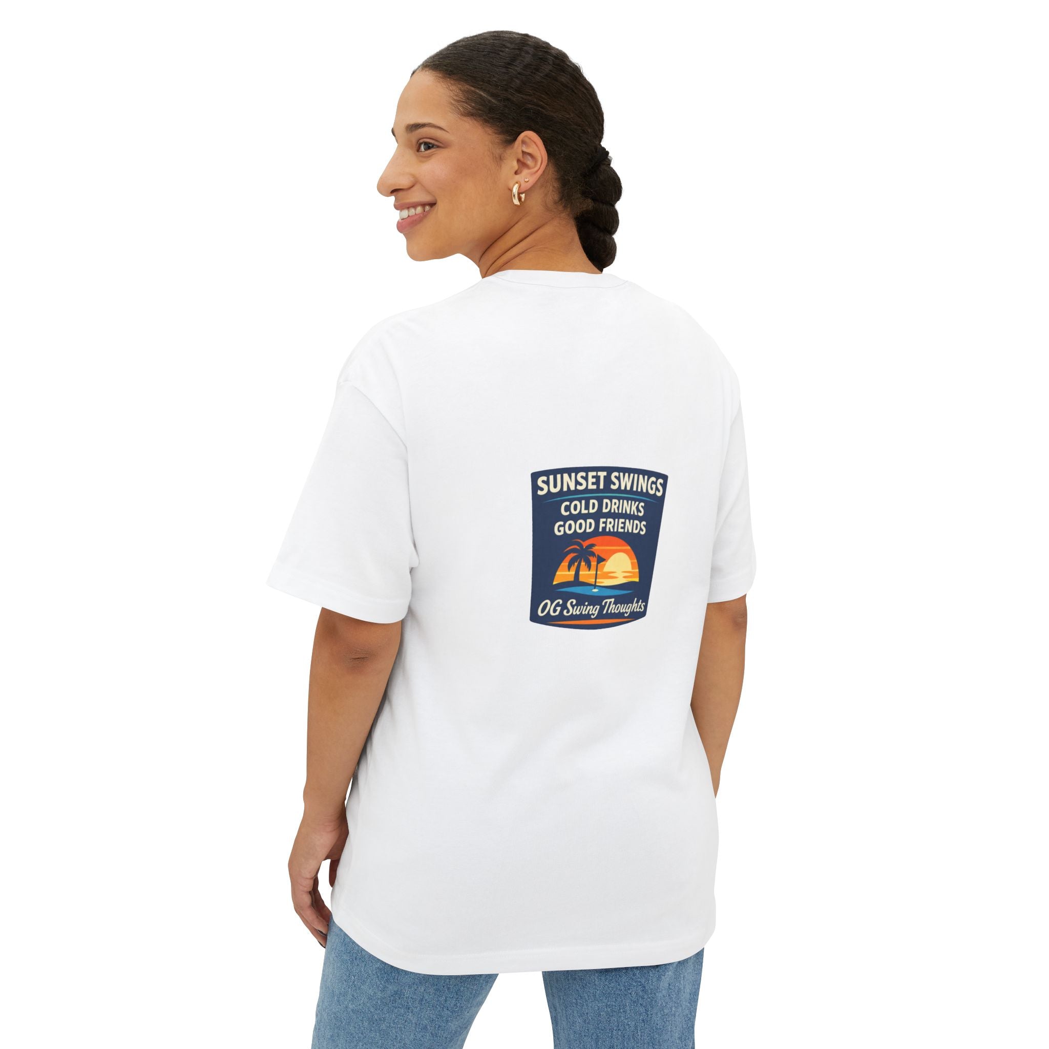 Sunset Swings Tee — 'Sunset Swings: Cold Drinks, Good Friends' Casual Boxy T-Shirt