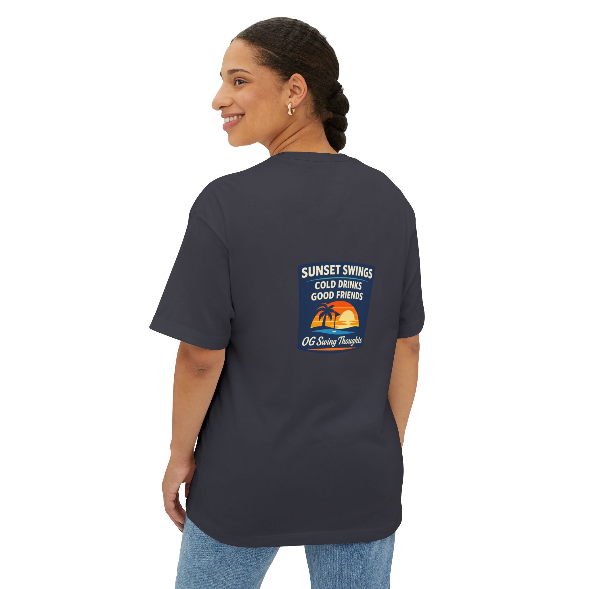 Sunset Swings Tee — 'Sunset Swings: Cold Drinks, Good Friends' Casual Boxy T-Shirt