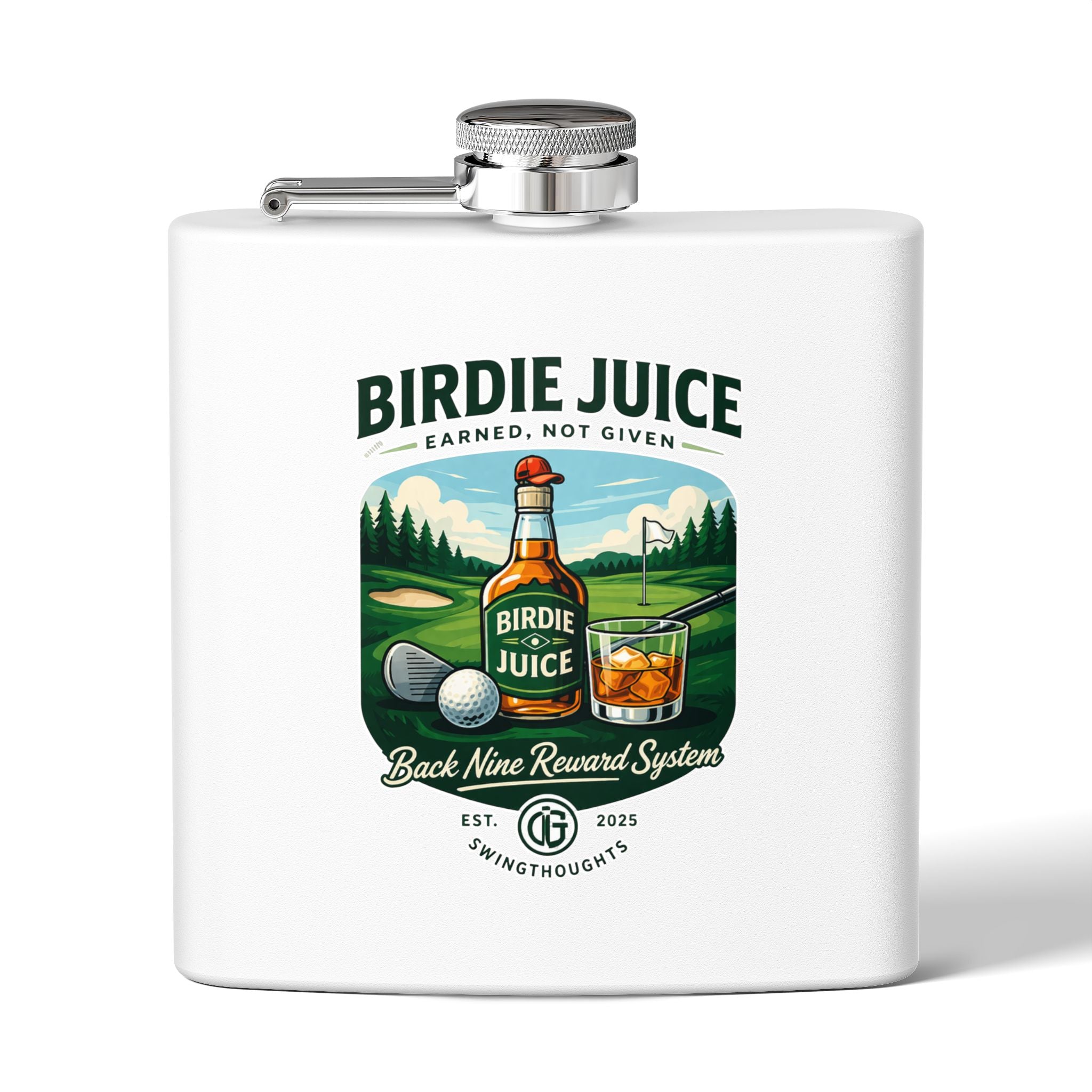 Golf Flask — “Birdie Juice” 6oz Stainless Steel Hip Flask (Golf Gift)