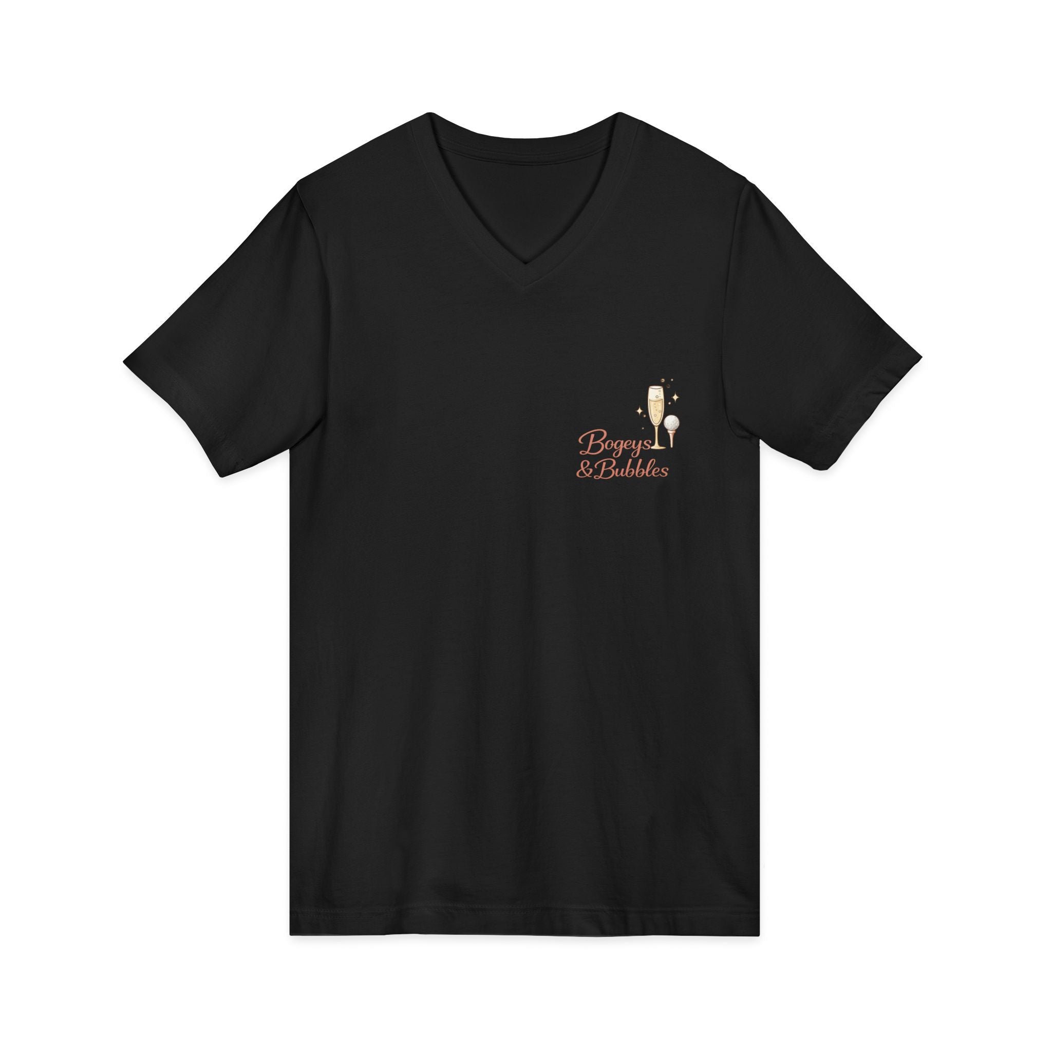 Bogeys & Bubbles V-Neck Tee — “Play Well, Sip Often”