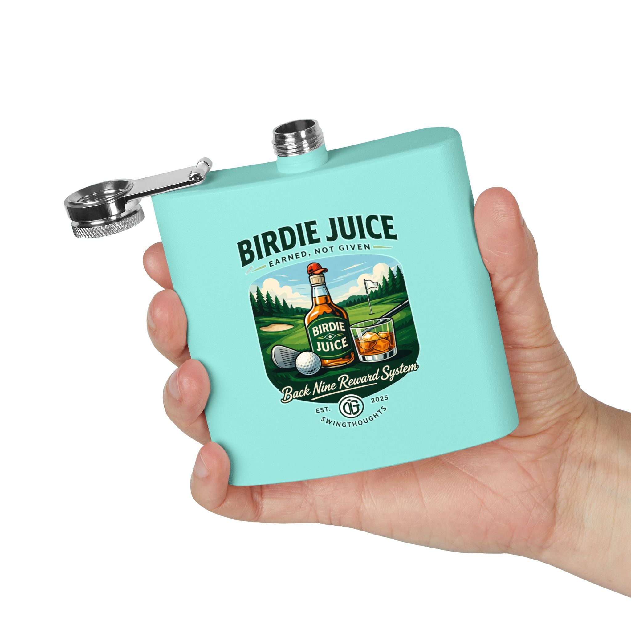 Golf Flask — “Birdie Juice” 6oz Stainless Steel Hip Flask (Golf Gift)