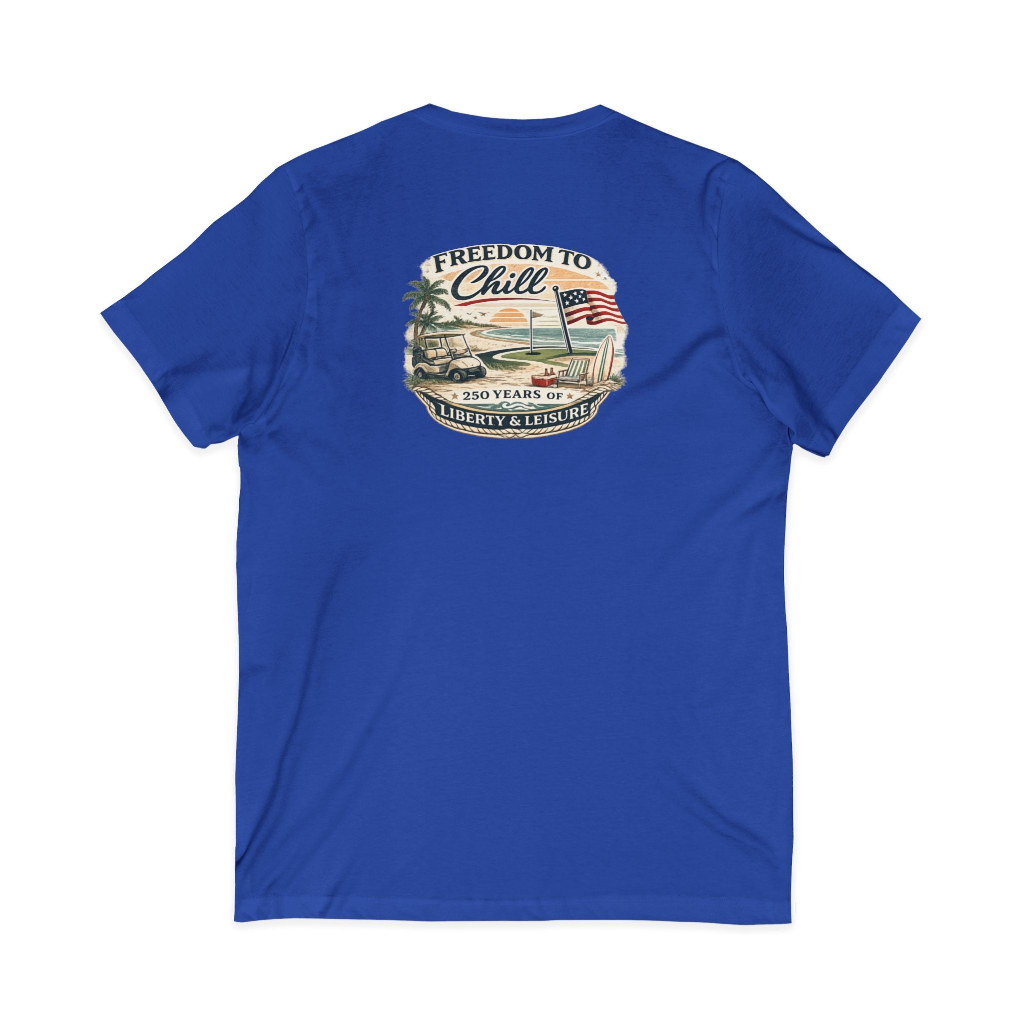 Freedom to Chill V-Neck Tee — Patriotic Beach Vintage Graphic