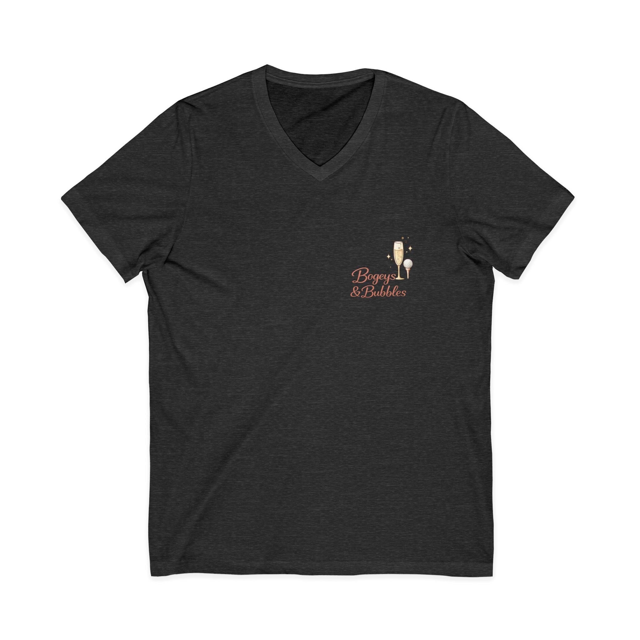 Bogeys & Bubbles V-Neck Tee — “Play Well, Sip Often”