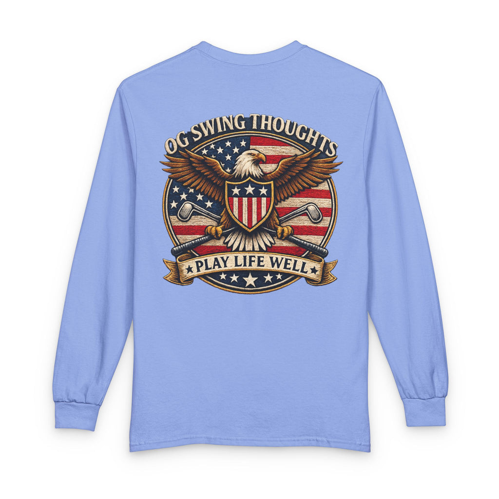 "Play Life Well" with Patriotic Eagle Vintage American Long Sleeve Crew