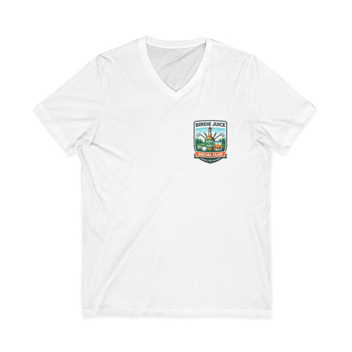 Birdie Juice Social Club Golf T‑Shirt — Vintage Golf Juice Logo V‑Neck