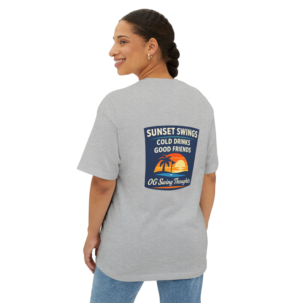 Sunset Swings Tee — 'Sunset Swings: Cold Drinks, Good Friends' Casual Boxy T-Shirt