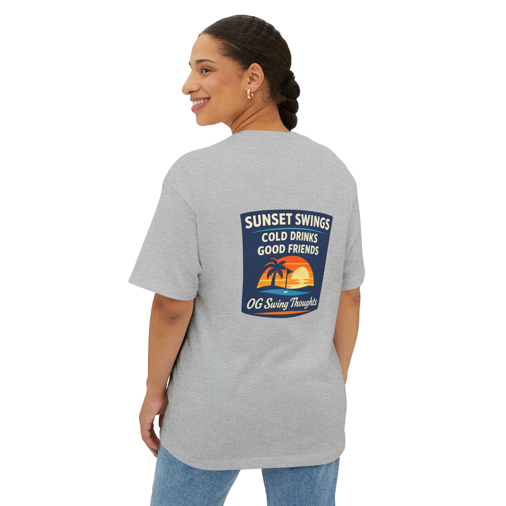 Sunset Swings Tee — 'Sunset Swings: Cold Drinks, Good Friends' Casual Boxy T-Shirt