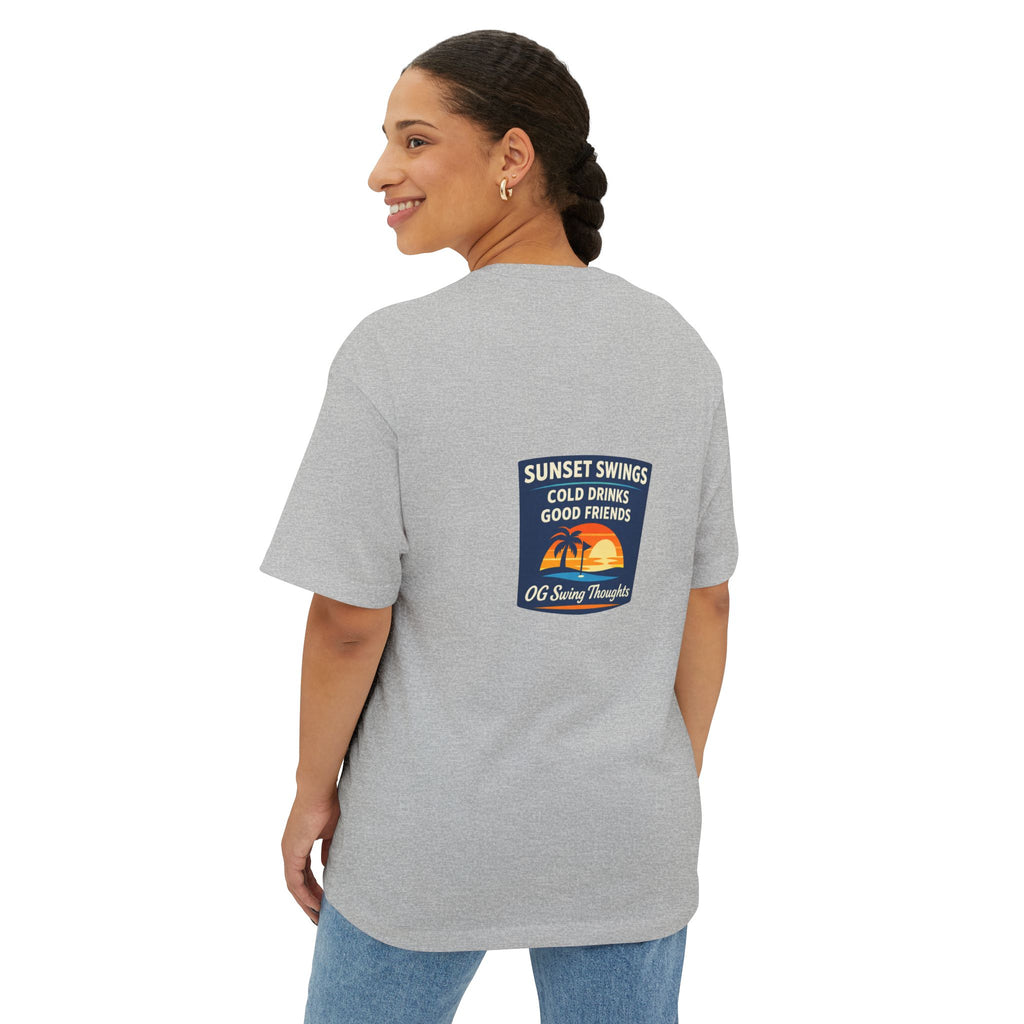 Sunset Swings Tee — 'Sunset Swings: Cold Drinks, Good Friends' Casual Boxy T-Shirt