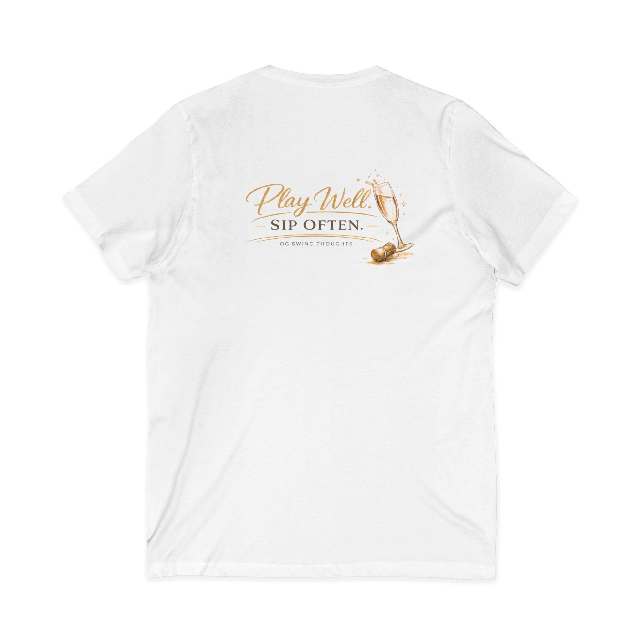 Bogeys & Bubbles V-Neck Tee — “Play Well, Sip Often”