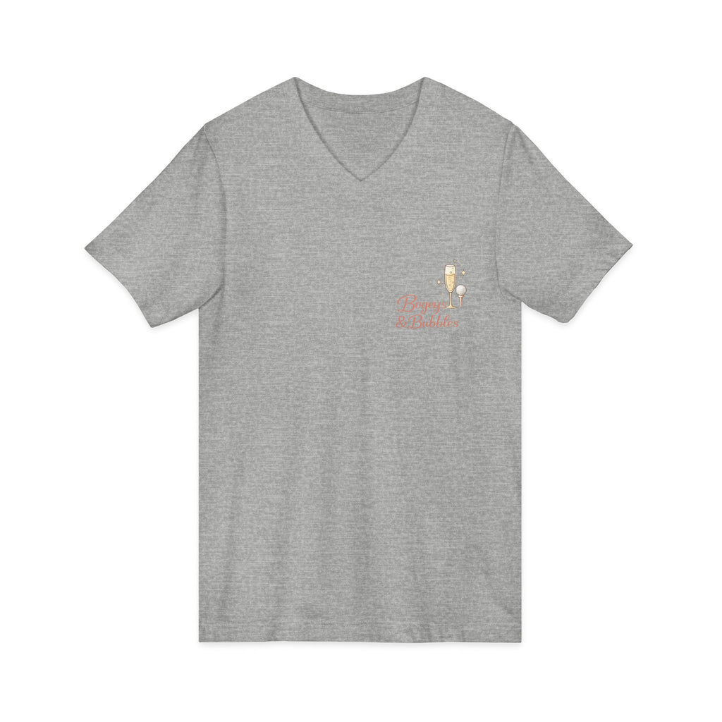 Bogeys & Bubbles V-Neck Tee — “Play Well, Sip Often”