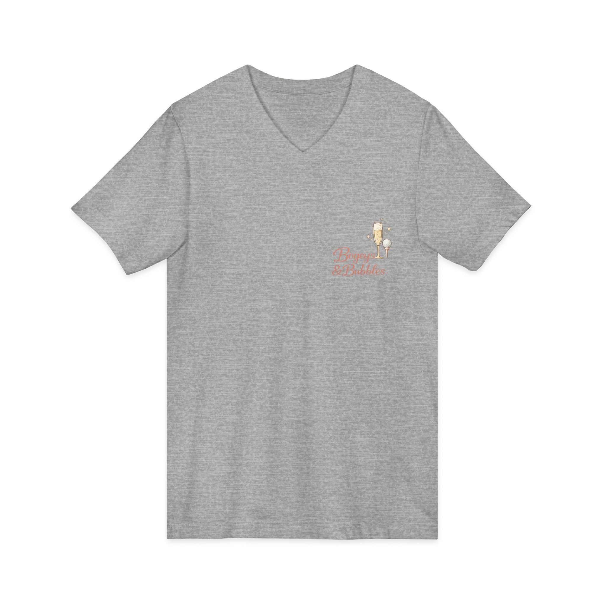 Bogeys & Bubbles V-Neck Tee — “Play Well, Sip Often”