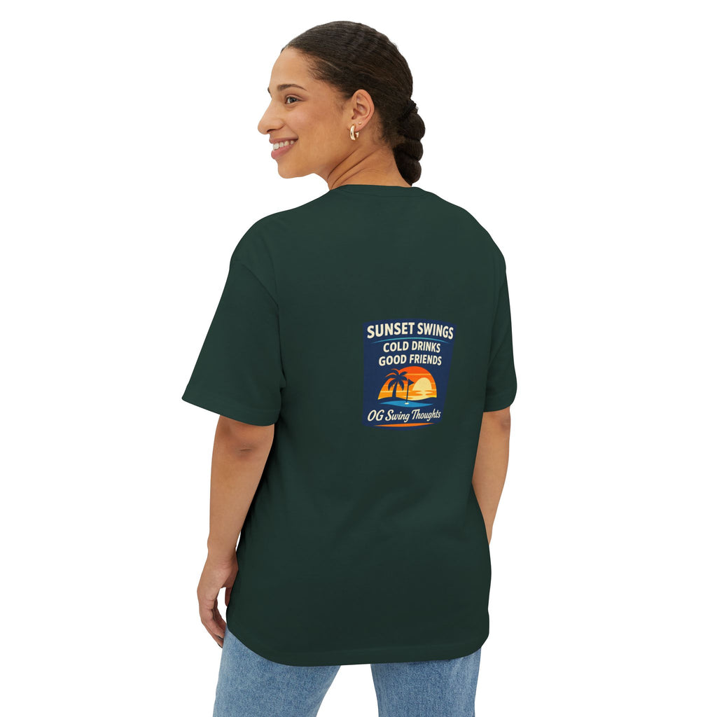 Sunset Swings Tee — 'Sunset Swings: Cold Drinks, Good Friends' Casual Boxy T-Shirt