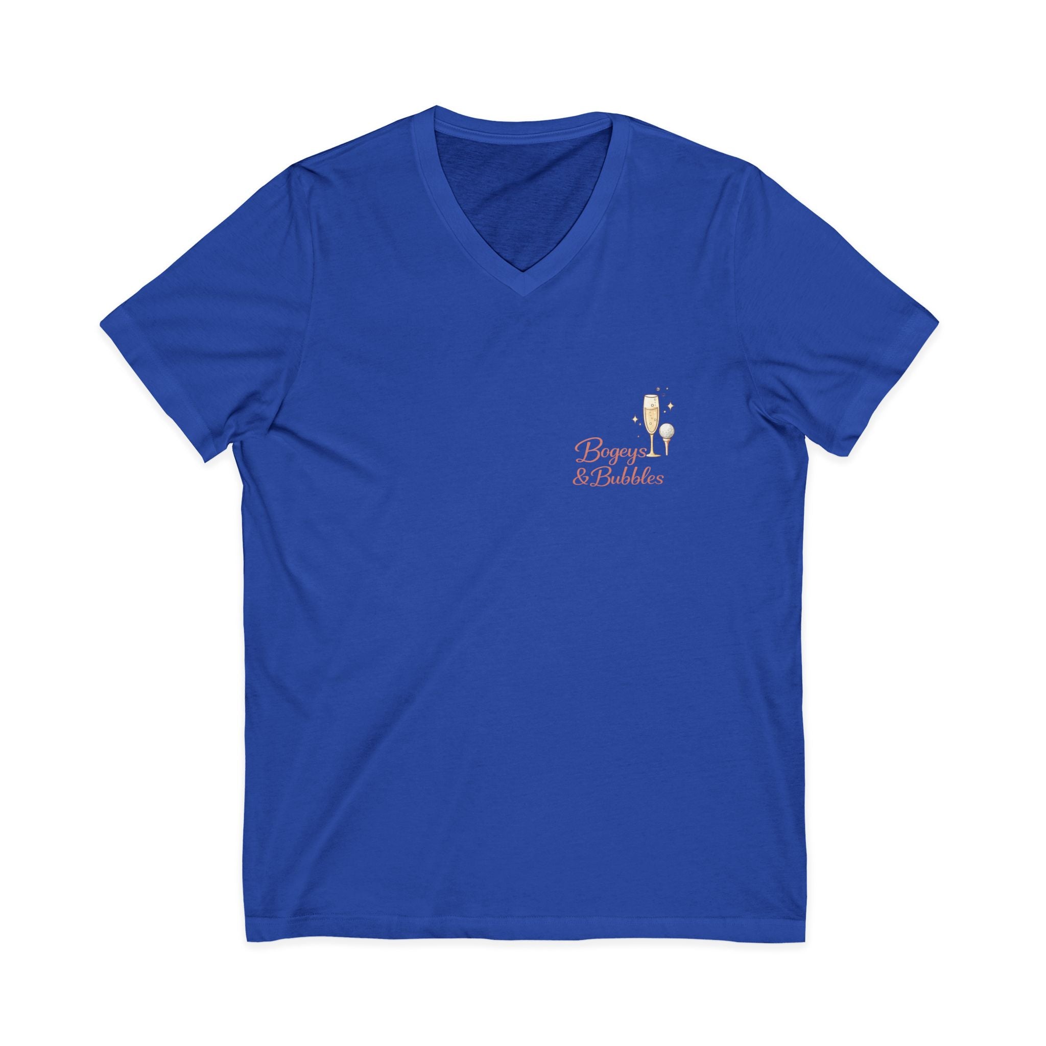Bogeys & Bubbles V-Neck Tee — “Play Well, Sip Often”