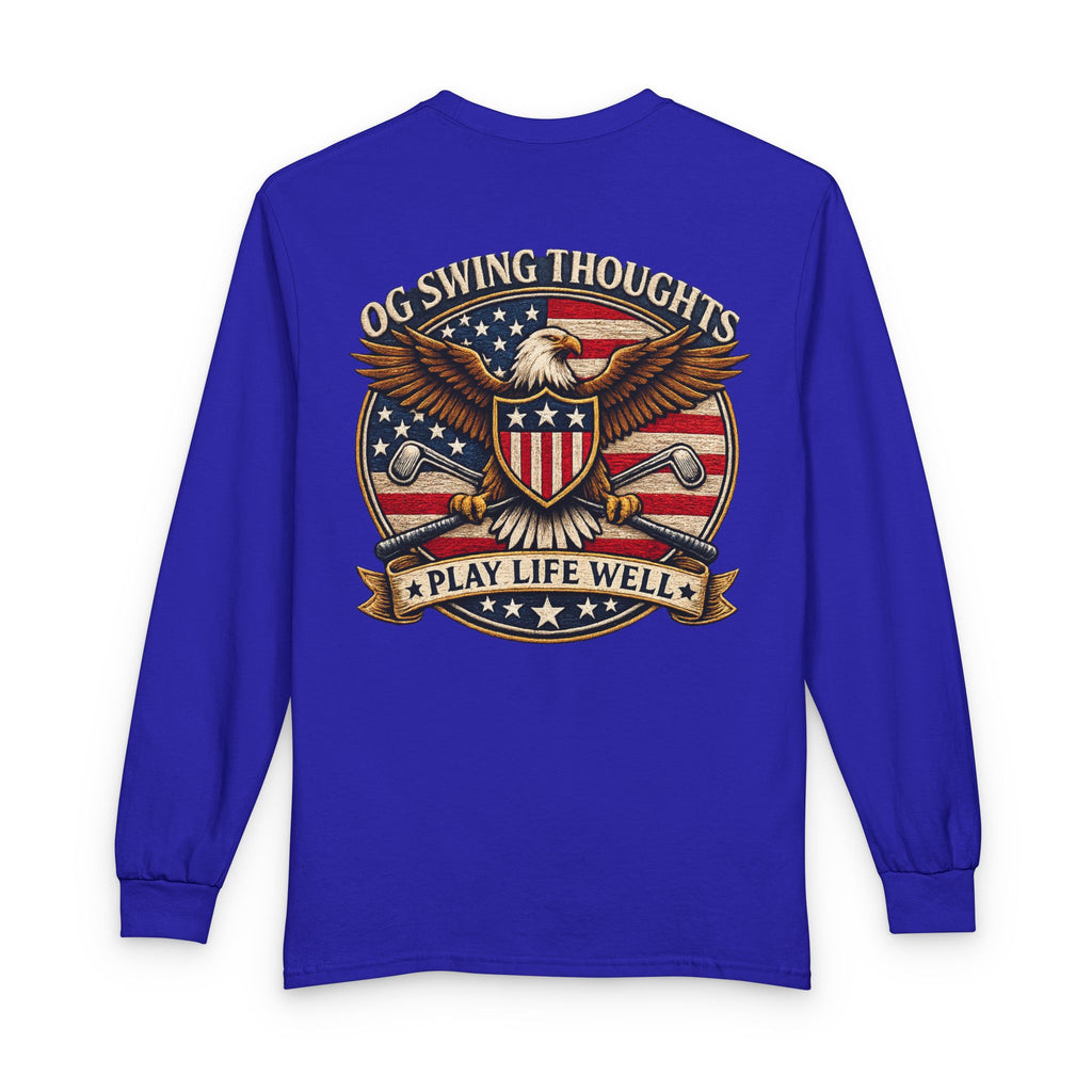 "Play Life Well" with Patriotic Eagle Vintage American Long Sleeve Crew