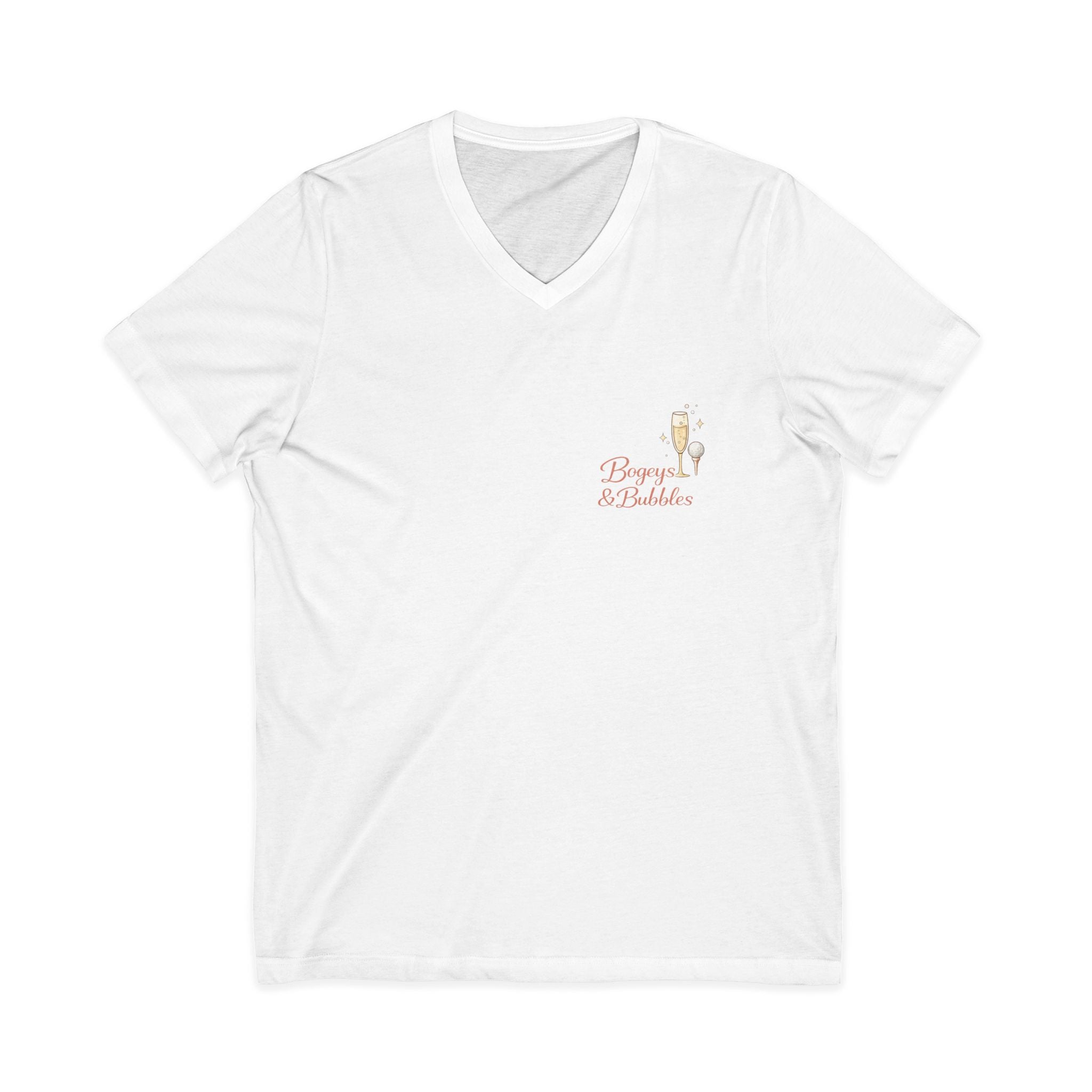Bogeys & Bubbles V-Neck Tee — “Play Well, Sip Often”