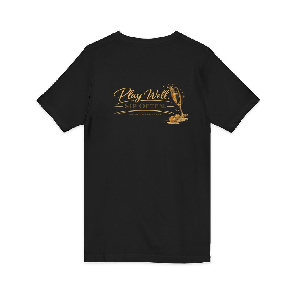 Bogeys & Bubbles V-Neck Tee — “Play Well, Sip Often”