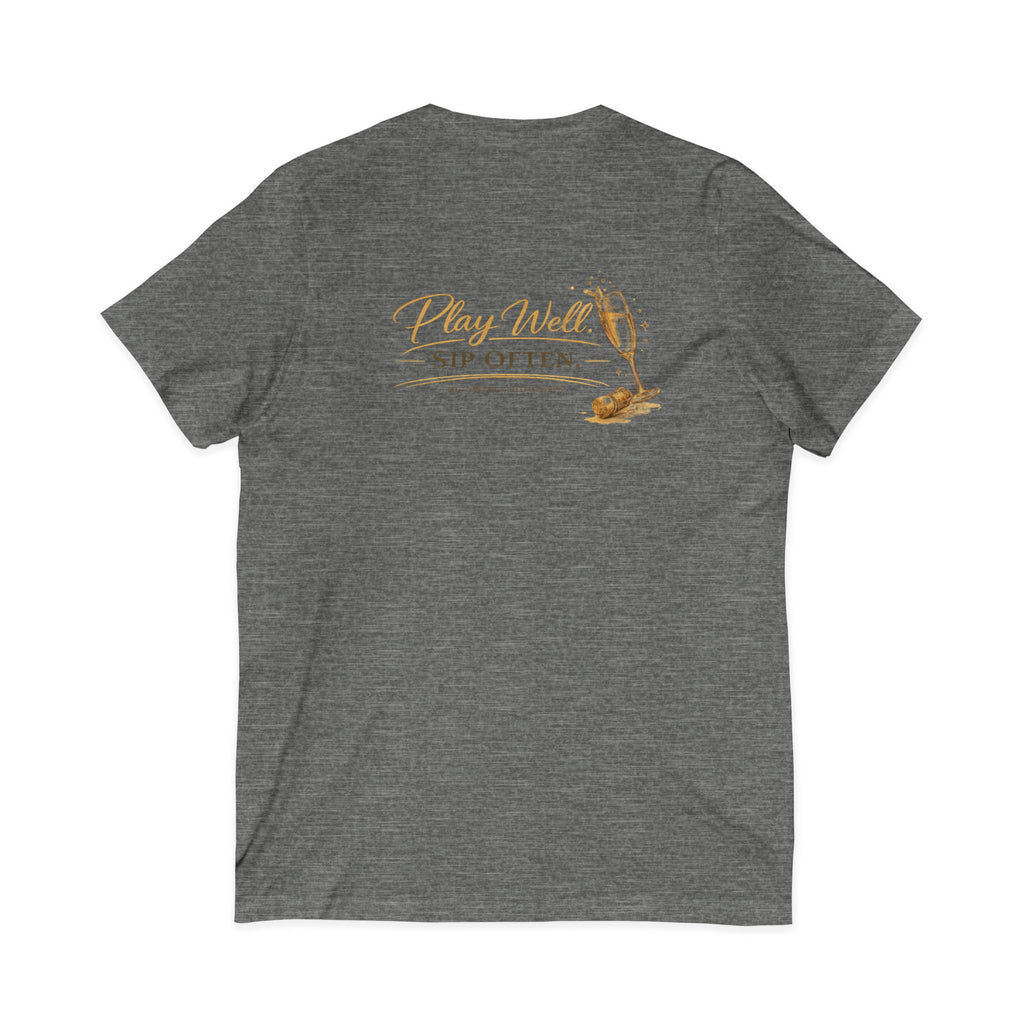 Bogeys & Bubbles V-Neck Tee — “Play Well, Sip Often”