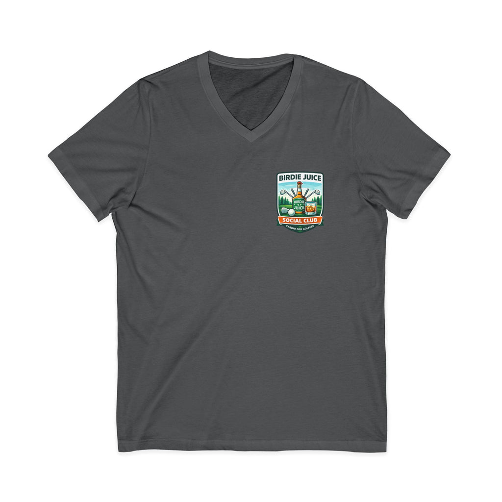 Birdie Juice Social Club Golf T‑Shirt — Vintage Golf Juice Logo V‑Neck