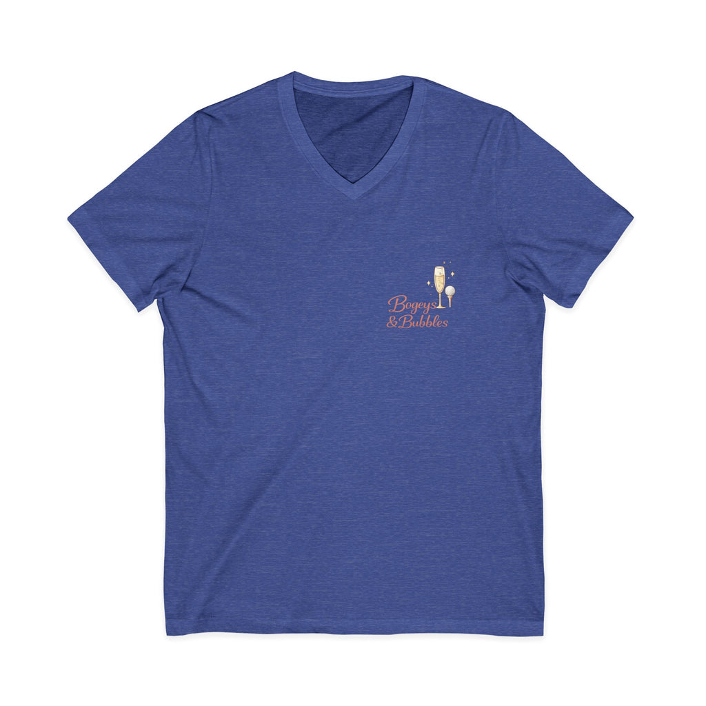 Bogeys & Bubbles V-Neck Tee — “Play Well, Sip Often”