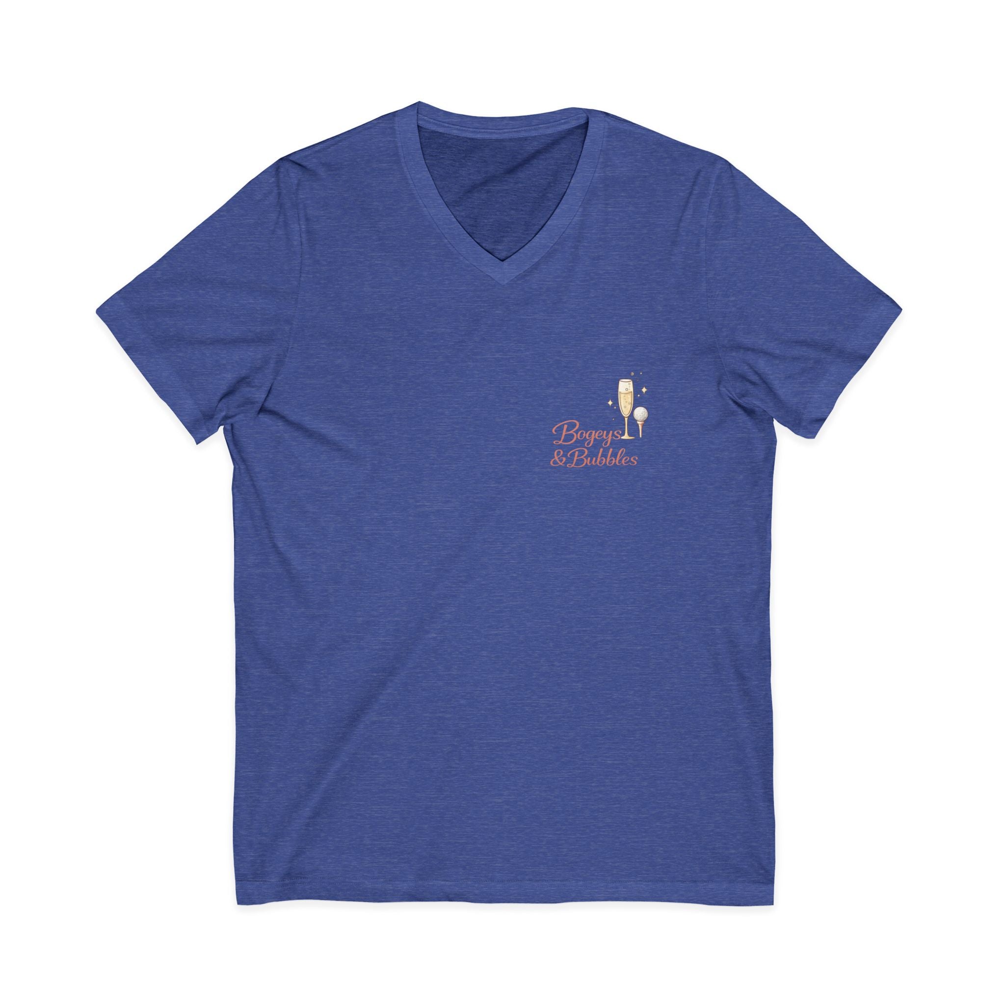 Bogeys & Bubbles V-Neck Tee — “Play Well, Sip Often”