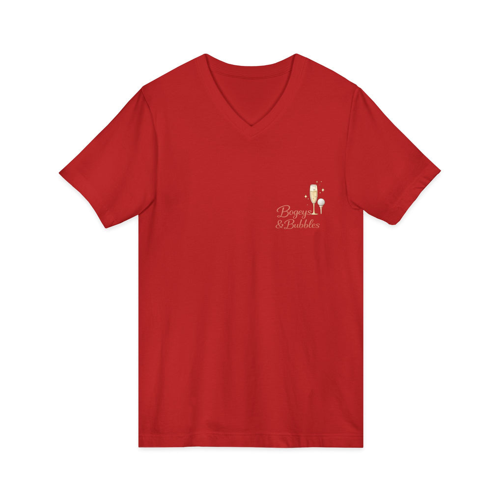 Bogeys & Bubbles V-Neck Tee — “Play Well, Sip Often”