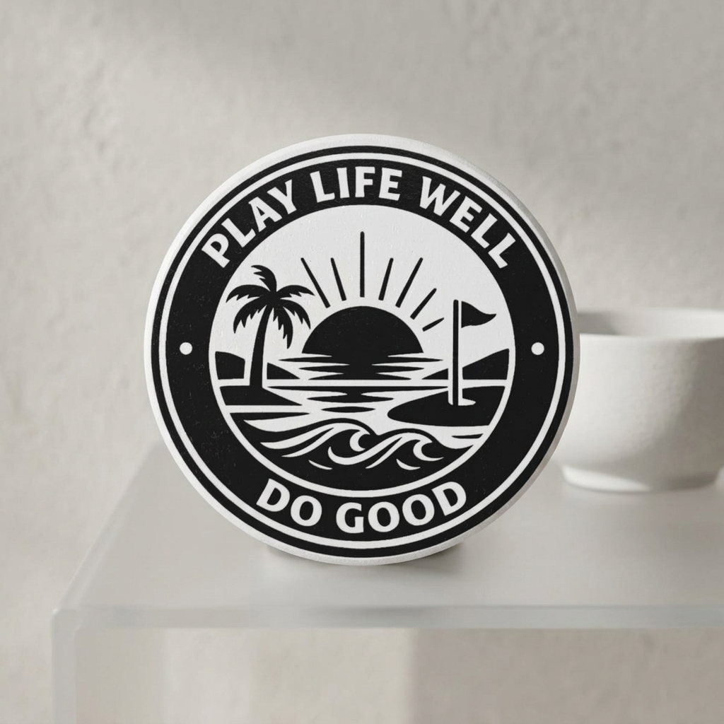 Ceramic Coaster — "Play Life Well Do Good" Sunset Palm Drink Coaster