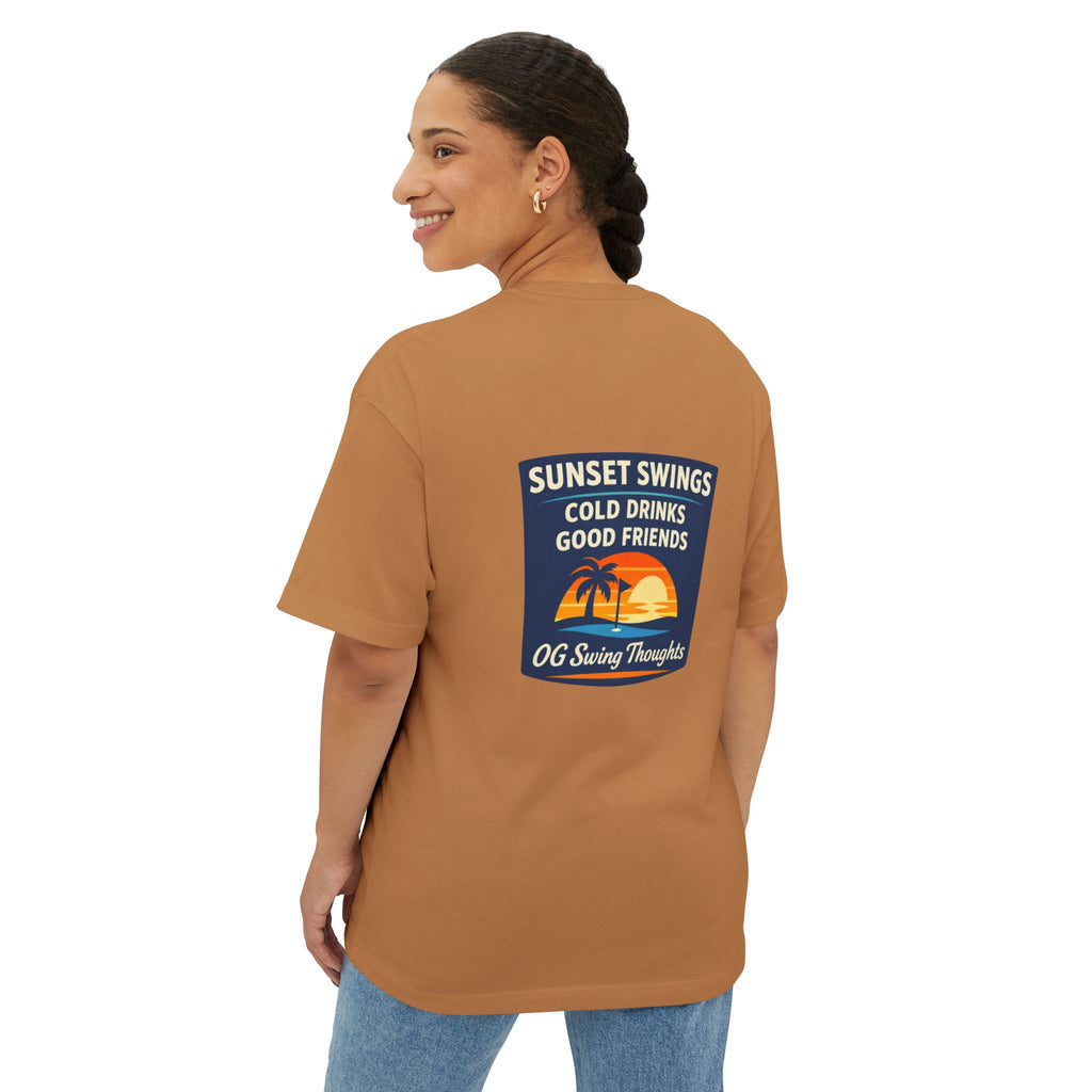 Sunset Swings Tee — 'Sunset Swings: Cold Drinks, Good Friends' Casual Boxy T-Shirt