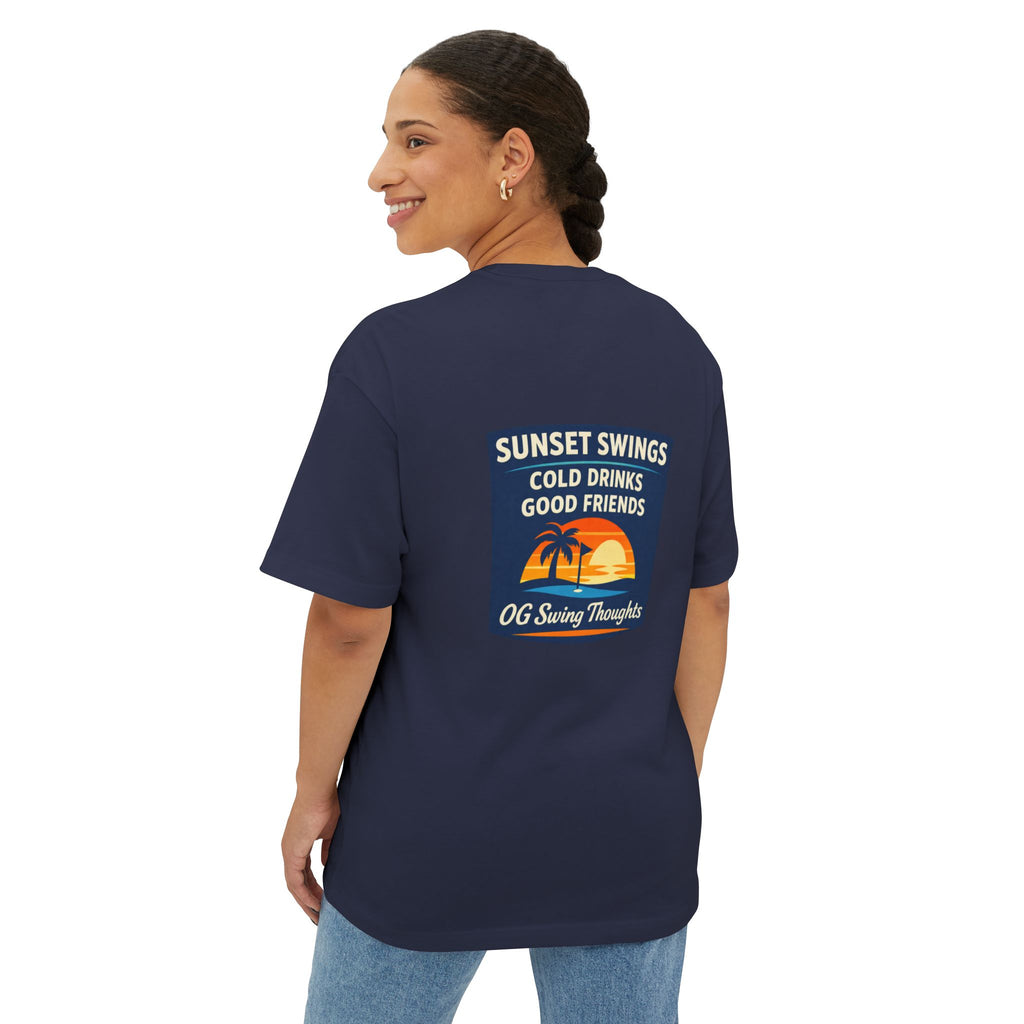 Sunset Swings Tee — 'Sunset Swings: Cold Drinks, Good Friends' Casual Boxy T-Shirt