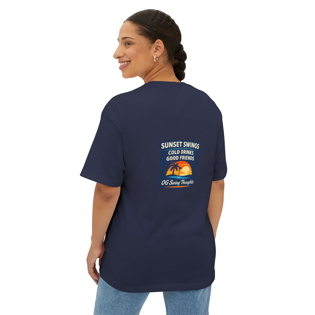 Sunset Swings Tee — 'Sunset Swings: Cold Drinks, Good Friends' Casual Boxy T-Shirt