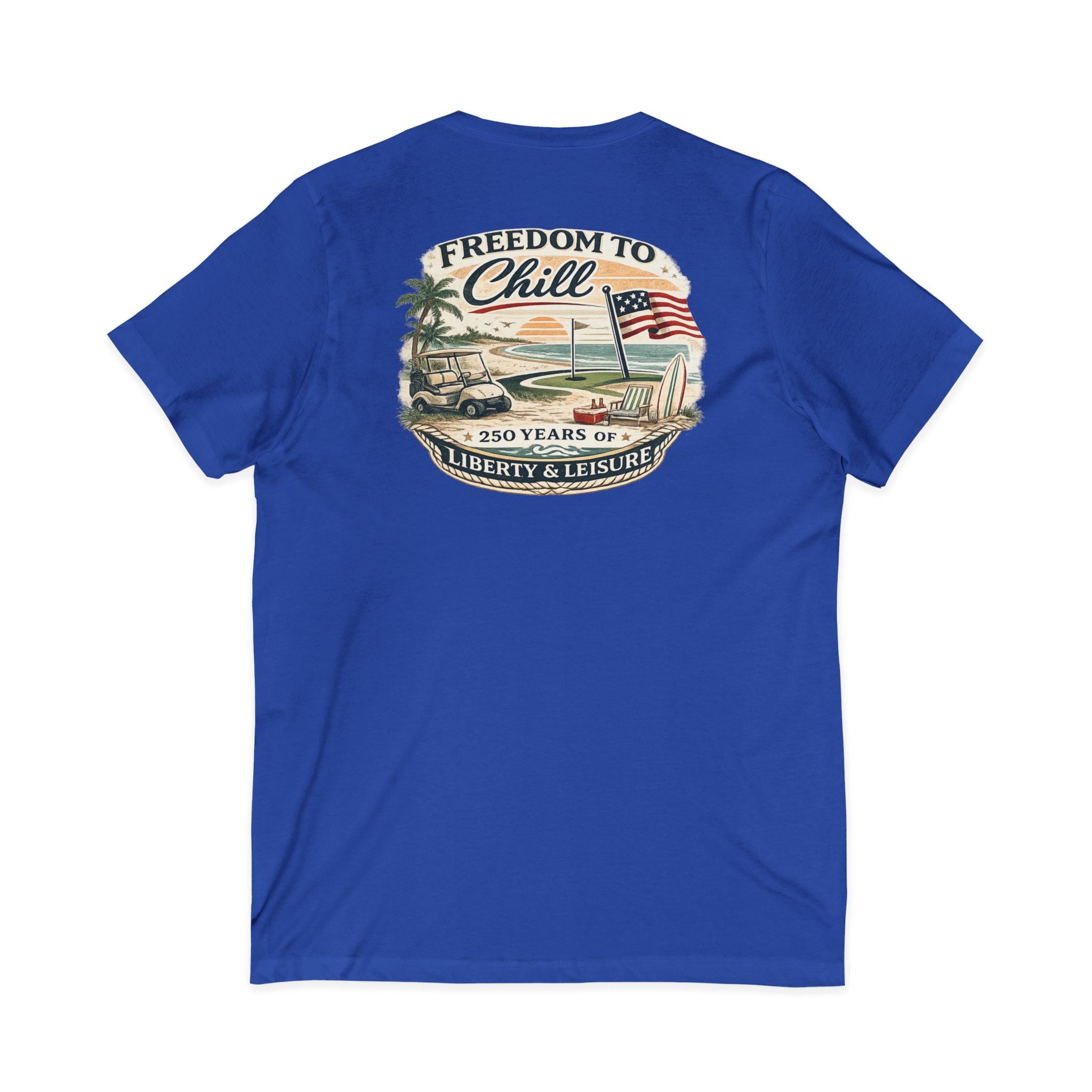 Freedom to Chill V-Neck Tee — Patriotic Beach Vintage Graphic