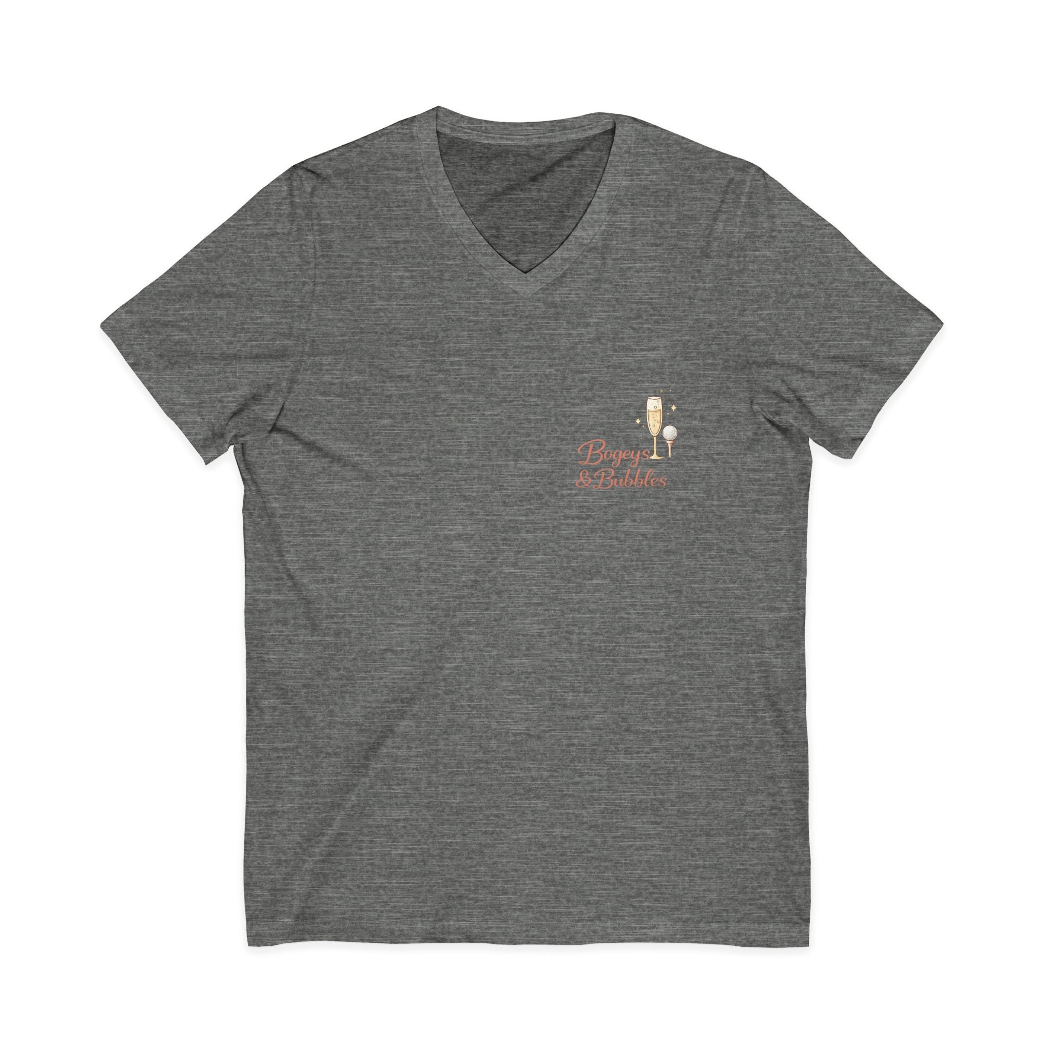 Bogeys & Bubbles V-Neck Tee — “Play Well, Sip Often”