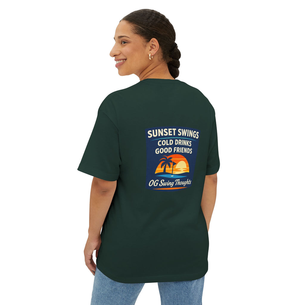 Sunset Swings Tee — 'Sunset Swings: Cold Drinks, Good Friends' Casual Boxy T-Shirt