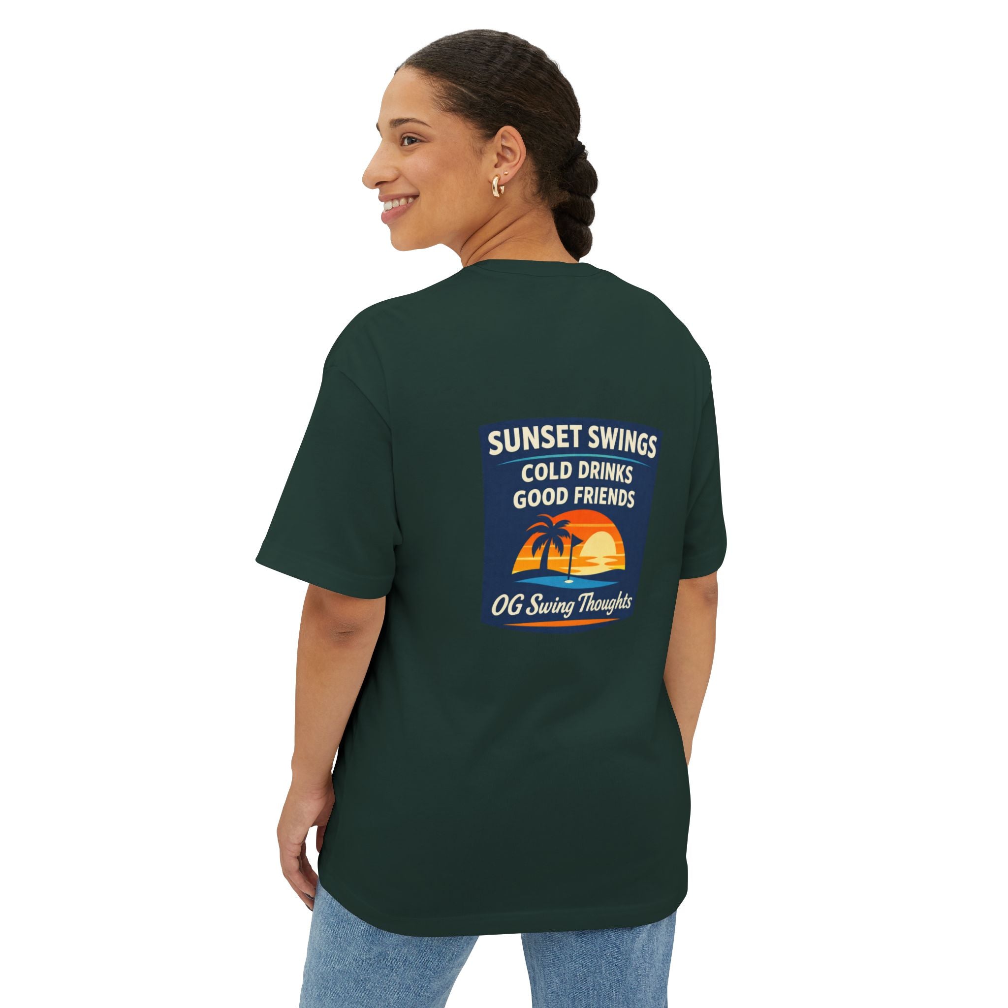 Sunset Swings Tee — 'Sunset Swings: Cold Drinks, Good Friends' Casual Boxy T-Shirt