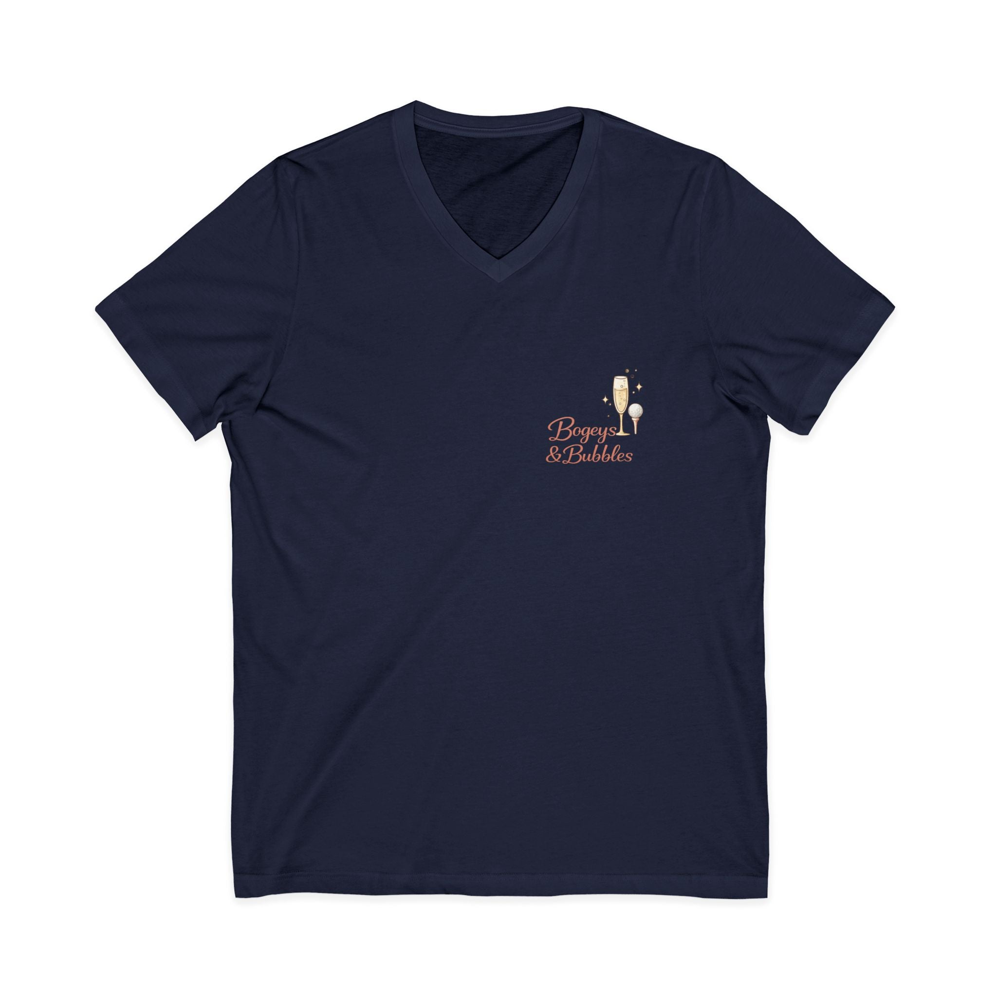 Bogeys & Bubbles V-Neck Tee — “Play Well, Sip Often”