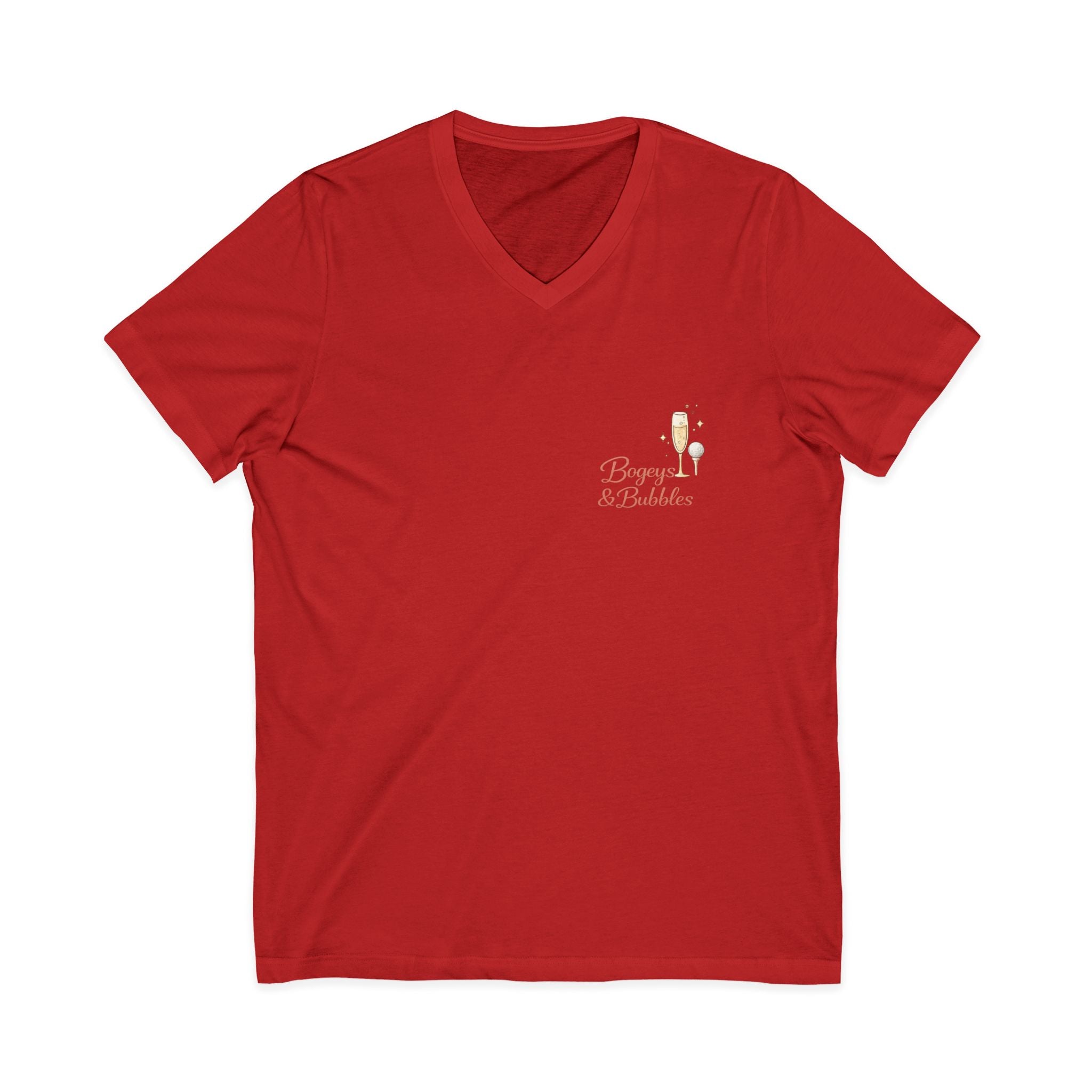 Bogeys & Bubbles V-Neck Tee — “Play Well, Sip Often”