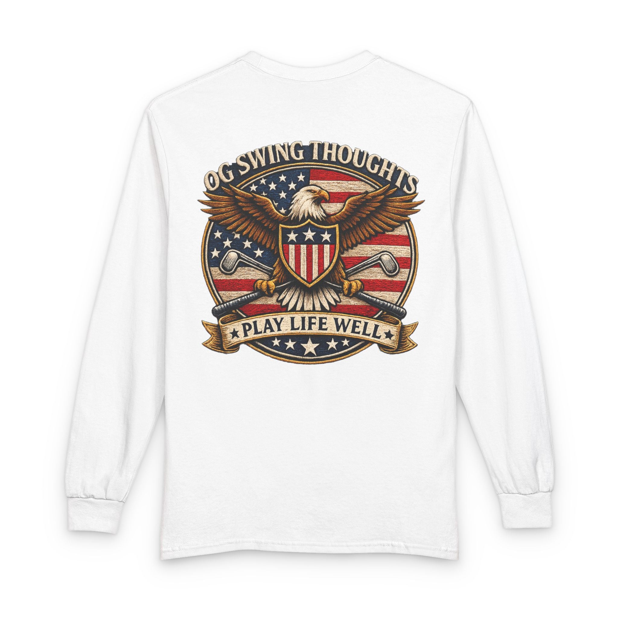 "Play Life Well" with Patriotic Eagle Vintage American Long Sleeve Crew