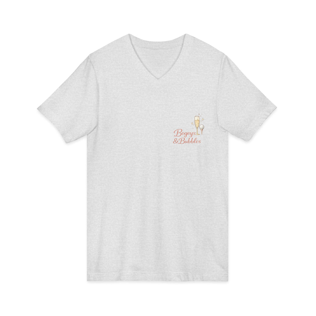 Bogeys & Bubbles V-Neck Tee — “Play Well, Sip Often”