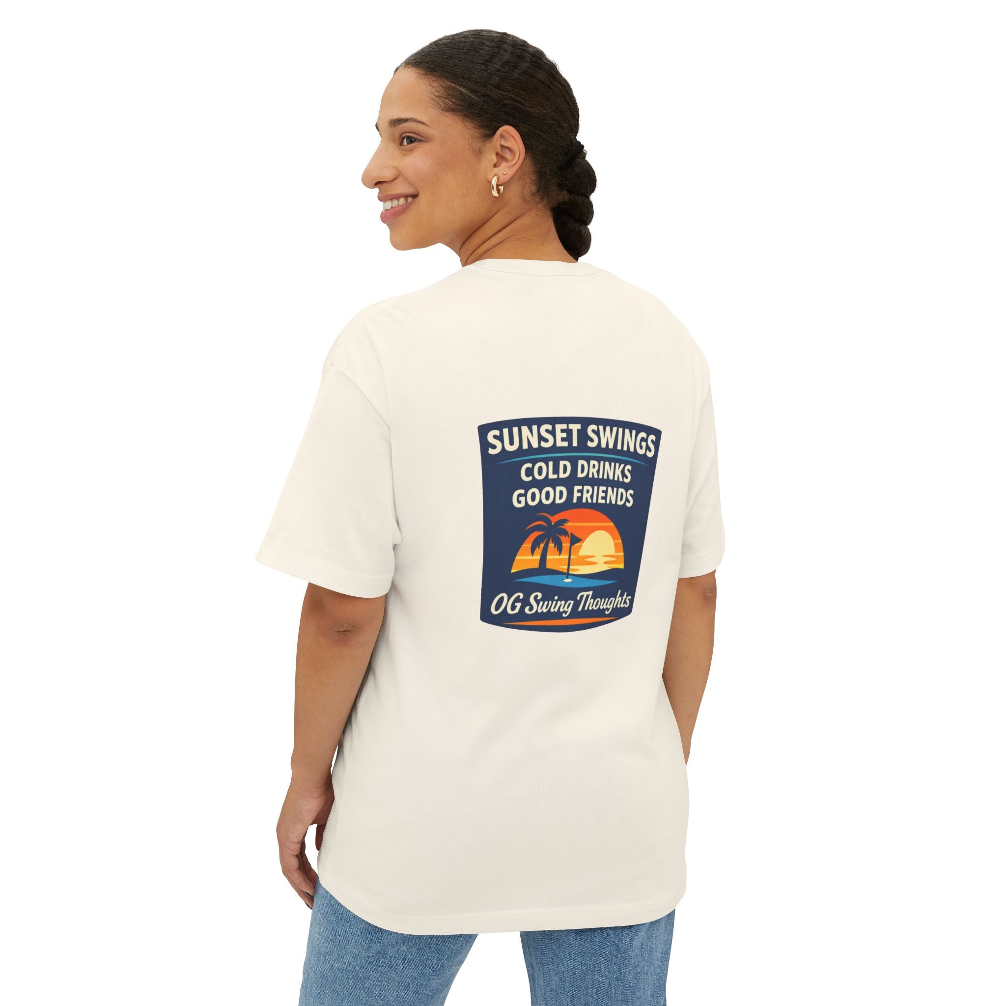 Sunset Swings Tee — 'Sunset Swings: Cold Drinks, Good Friends' Casual Boxy T-Shirt