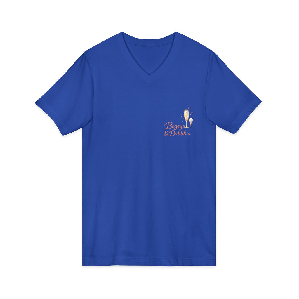 Bogeys & Bubbles V-Neck Tee — “Play Well, Sip Often”