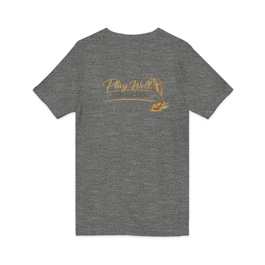Bogeys & Bubbles V-Neck Tee — “Play Well, Sip Often”