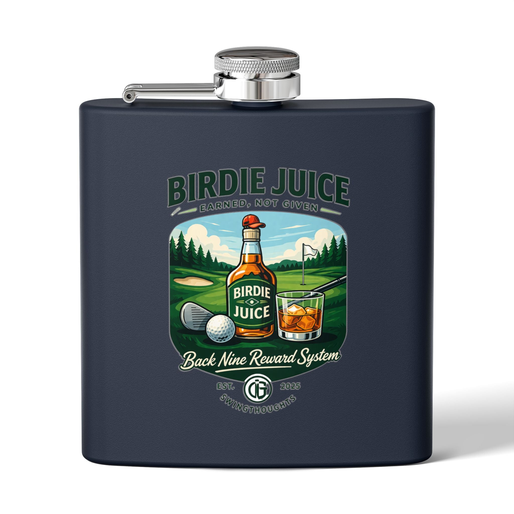 Golf Flask — “Birdie Juice” 6oz Stainless Steel Hip Flask (Golf Gift)
