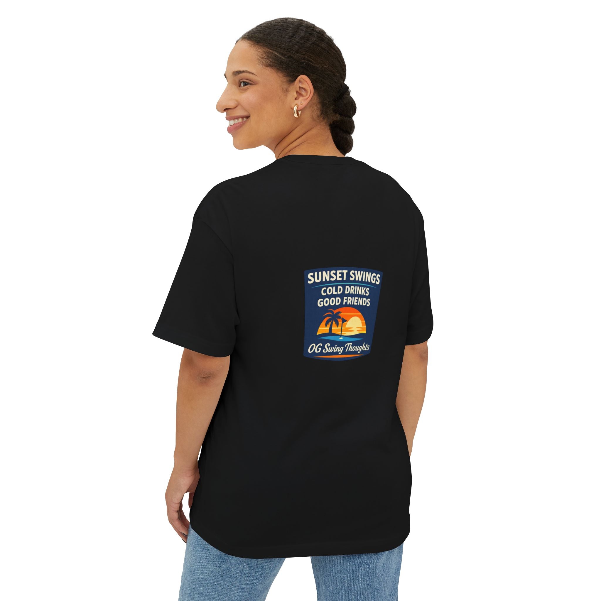 Sunset Swings Tee — 'Sunset Swings: Cold Drinks, Good Friends' Casual Boxy T-Shirt